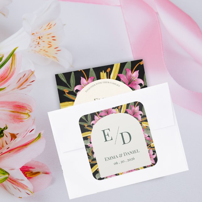 Pegatina Cuadrada Sobre de Boda de Lirio Rosa con Rubor Oscuro (Dark Blush Pink Lily Wedding Envelope Seal Sticker | Elegant Botanical Monogram Initials Label)