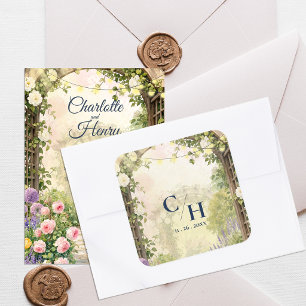Pegatina Cuadrada Sobre de boda floral de enrejado de jardín inglés