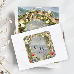 Pegatina Cuadrada Sobre de boda rústica con jardín de flores silvest