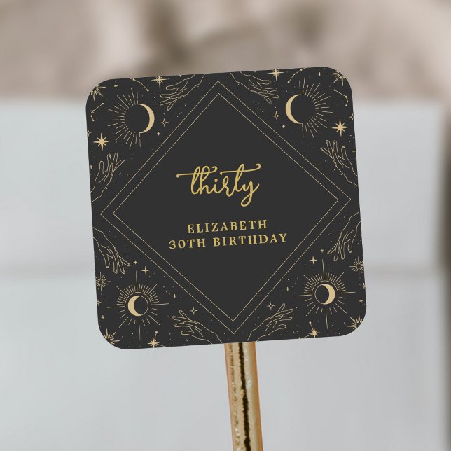 Pegatina Cuadrada Sobre de cumpleaños de la luna del horóscopo místi (Black Mystic Horoscope Moon Birthday Envelope Square Sticker)