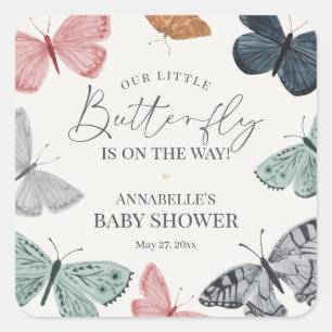Pegatina Cuadrada Sobre de invitación para Baby Shower con mariposa