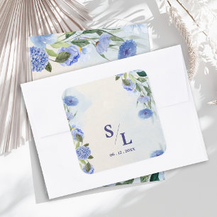 Pegatina Cuadrada Sobres de Boda con Iniciales de Monograma Azul Pol