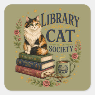 Pegatina Cuadrada Sociedad de Gatos de Biblioteca Calico Erudito