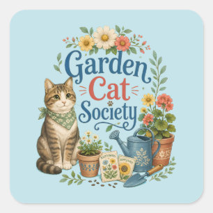 Pegatina Cuadrada Sociedad de Gatos de Jardín Cottagecore Florales