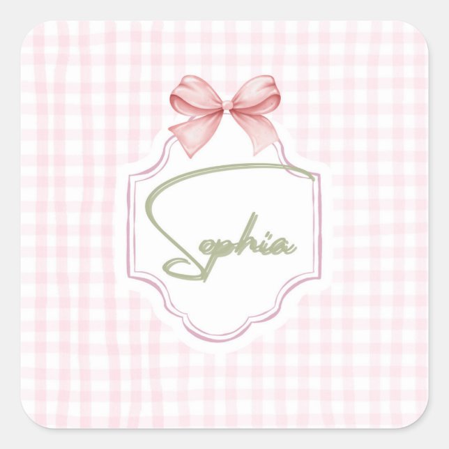 Pegatina Cuadrada Sofia Personalizada Niña Bebé Nursery Bow&Gingham (Anverso)