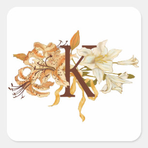 Pegatina Cuadrada Sofisticada letra floral Monograma "K"