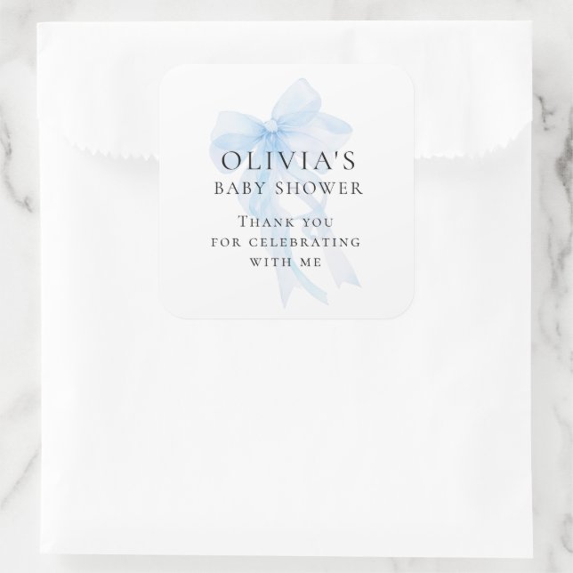 Pegatina Cuadrada Soft Blue Bow Text Thank You Baby Shower (Bolso)