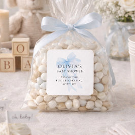 Pegatina Cuadrada Soft Blue Bow Text Thank You Baby Shower