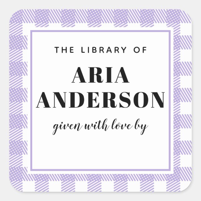 Pegatina Cuadrada Soft Lilac Gingham Plaid Baby Boy Book Plate (Anverso)