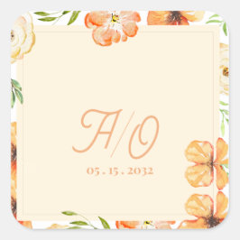Pegatina Cuadrada Soft Peach Garden Floral Monogram Wedding