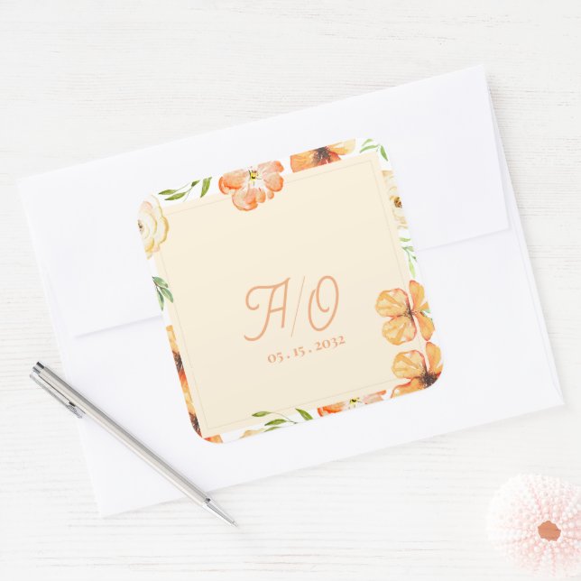 Pegatina Cuadrada Soft Peach Garden Floral Monogram Wedding (Sobre)