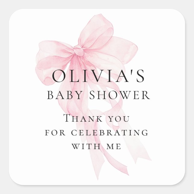 Pegatina Cuadrada Soft Pink Bow Text Thank You Baby Shower (Anverso)