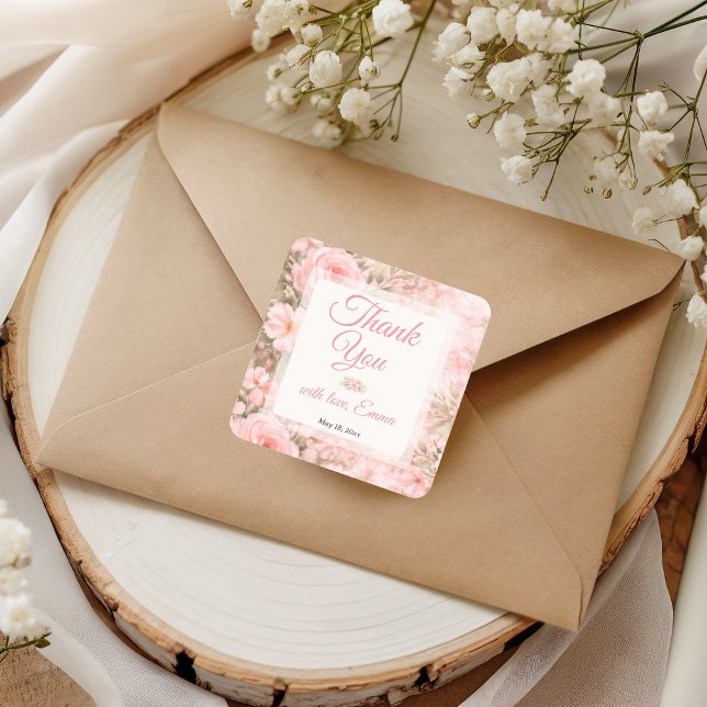Pegatina Cuadrada Soft Pink Garden Bloom Thank You (Subido por el creador)