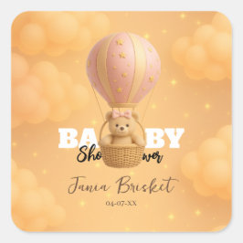 Pegatina Cuadrada Soft Pink Pastel Teddy Bear Baby Shower 