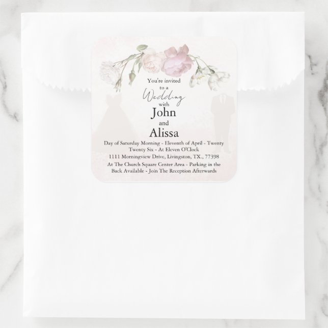 Pegatina Cuadrada Soft Pink Roses & Bride and Groom Collection (Bolso)