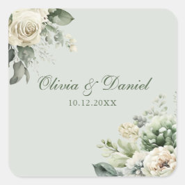 Pegatina Cuadrada Soft Sage Green Floral Wedding Sticker