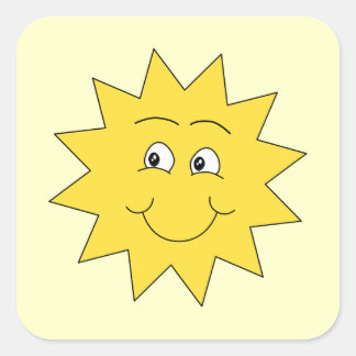 Pegatina Cuadrada Sol Amarillo brillante de verano. Cara sonriente.