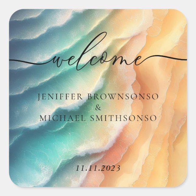 Pegatina Cuadrada Sol de playa de arena azul rosa y océano (Anverso)