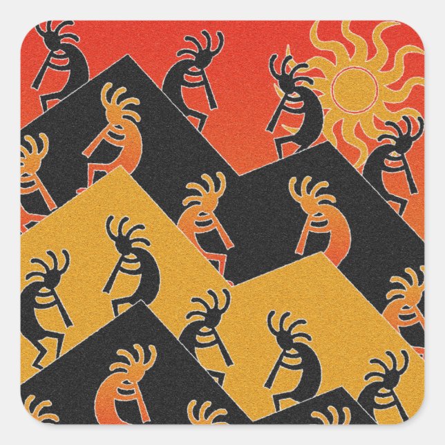 Pegatina Cuadrada Sol del Desierto del Sudoeste de Kokopelli (Anverso)