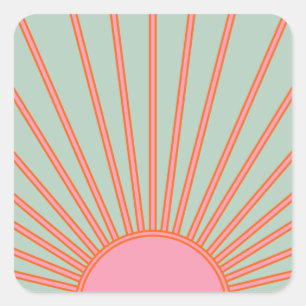 Pegatina Cuadrada Sol Sunrise Verde Y Rosa Resumen Retro Sunshine