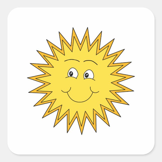 Pegatina Cuadrada Sol verano amarillo con cara feliz. (Anverso)