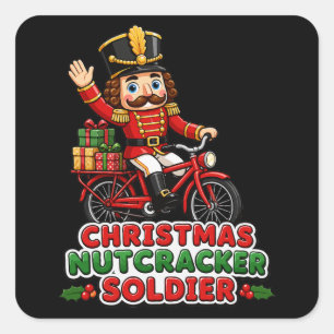 Pegatina Cuadrada Soldado Cascanueces de Navidad montando bicicleta