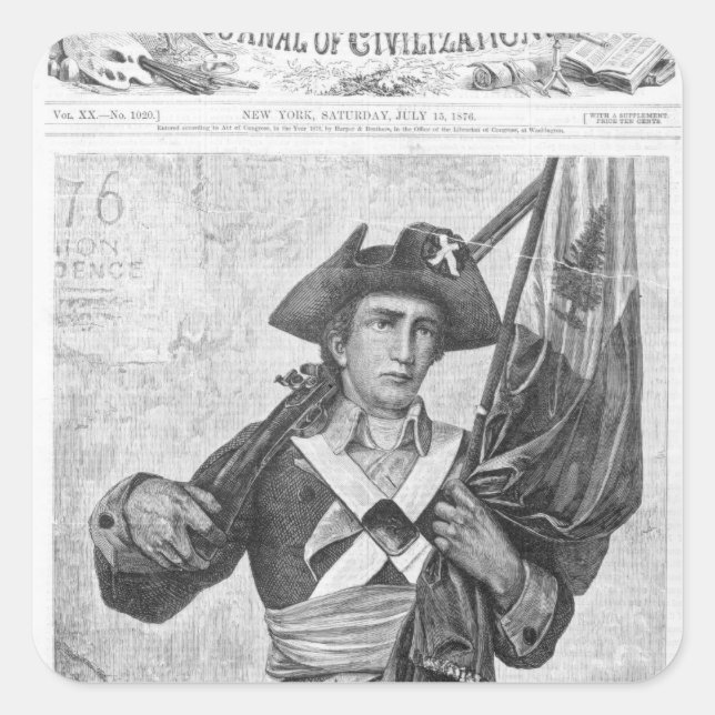 Pegatina Cuadrada Soldado continental con bandera de mosquete (Anverso)