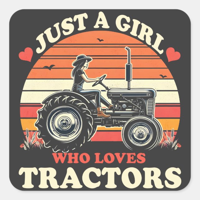 Pegatina Cuadrada Sólo Chica que ama a los tractores Tractor Lover V (Anverso)