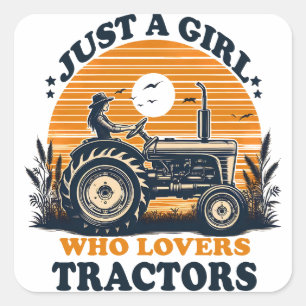 Pegatina Cuadrada Sólo Chica que ama a los tractores Tractor Lover V