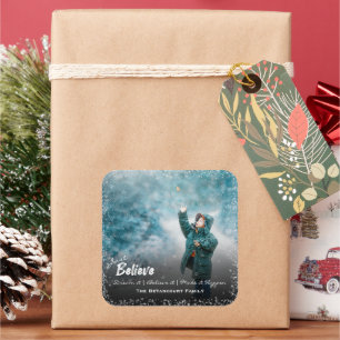 Pegatina Cuadrada Sólo creer   Foto de nieve Feliz Navidad