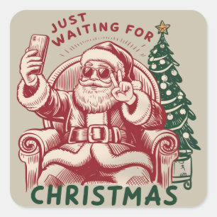 Pegatina Cuadrada Sólo Esperando a Santa Claus Navidad Retro Diverti