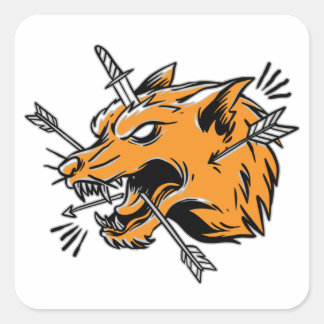 Pegatina Cuadrada Sombrero camionero de dibujos a mano de lobo ilust