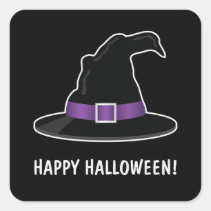 Pegatina Cuadrada Sombrero de Bruja de Halloween con Texto Personali