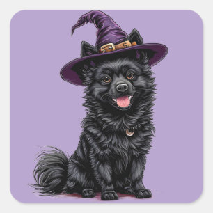 Pegatina Cuadrada Sombrero de Bruja de Halloween para Perro Negro Li
