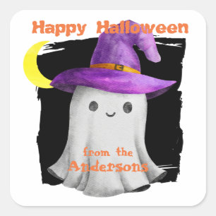 Pegatina Cuadrada Sombrero de Bruja Fantasma Feliz Halloween Niños