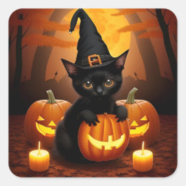 Pegatina Cuadrada Sombrero de Bruja Gatito Negro Calabazas de Hallow