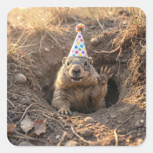 Pegatina Cuadrada Sombrero de cumpleaños de marmota (Anverso)