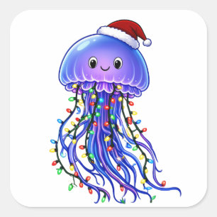 Pegatina Cuadrada Sombrero de Santa de medusa Luces de Navidad Alegr