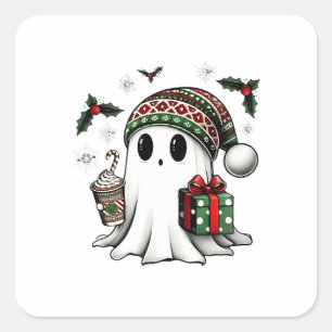 Pegatina Cuadrada Sombrero de Santa Fantasma de Halloween Navidad Es