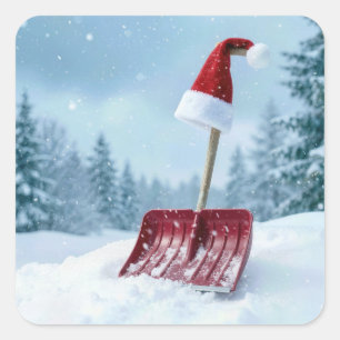 Pegatina Cuadrada Sombrero de Santa Navidad en Pala de Nieve Roja
