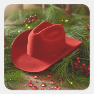 Pegatina Cuadrada Sombrero de vaquero rojo de Navidad