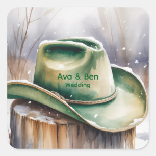 Pegatina Cuadrada Sombrero de vaquero verde acuarela en boda de niev