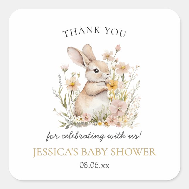 Pegatina Cuadrada Somebunny Special Wildflowers Spring Baby Shower (Anverso)