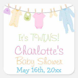 Pegatina Cuadrada ¡Son TWINS! Fiesta Baby Shower Little Clothes