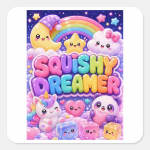 Pegatina Cuadrada Soñador Squishy Cute Kawaii Unicornio Panda Luna