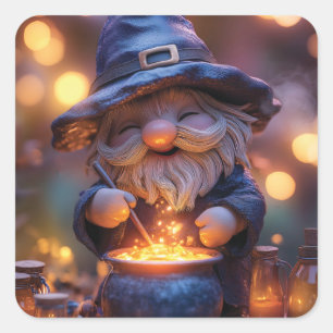 Pegatina Cuadrada Sonriente Gnome Stirring Magic Pot