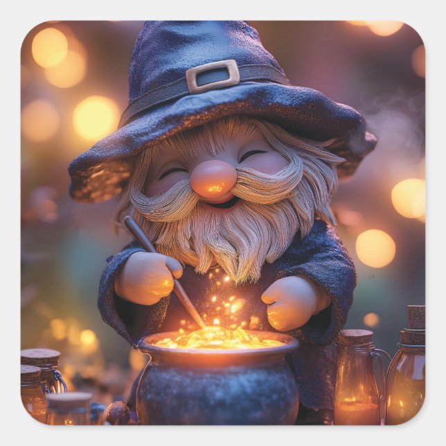 Pegatina Cuadrada Sonriente Gnome Stirring Magic Pot (Anverso)