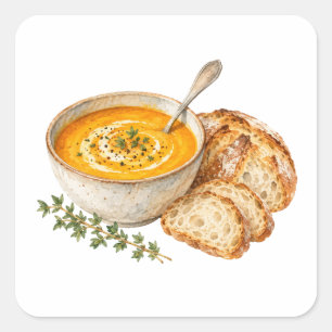 Pegatina Cuadrada Sopa de Calabaza y Pan Crujiente