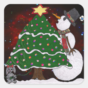 Pegatina Cuadrada Sorpresa de Muñeco de Nieve de Navidad Fiestas