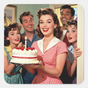 Pegatina Cuadrada Sorpresa divertida de cumpleaños con arte pop retr